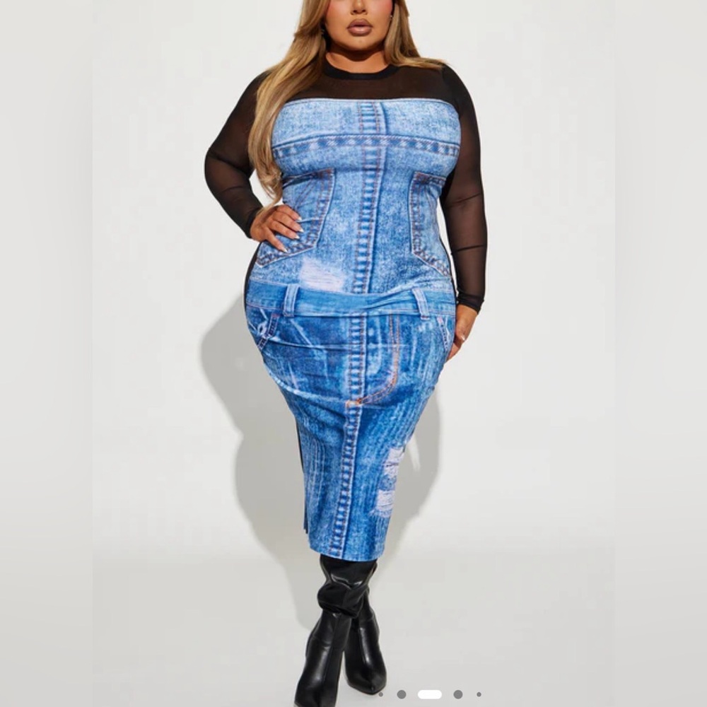 Denim Print Bodycon Dress with Sheer Sleeves